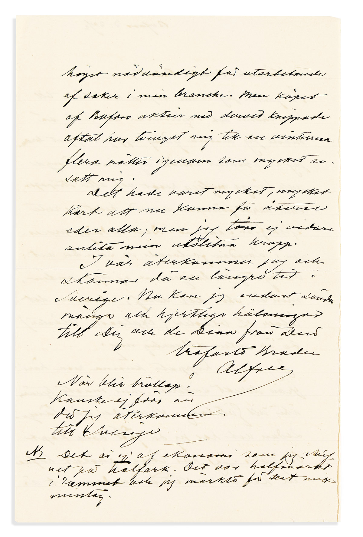 (BUSINESS.) NOBEL, ALFRED. Autograph Letter Signed, Alfred, to his brother Robert, in Swedish,